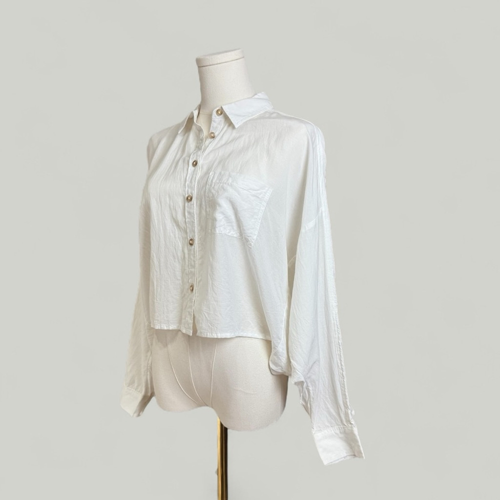 ANTHROPOLOGIE Pilcro Top Women Size XS White Oversized Cropped Ruffle Boho - Picture 4 of 13